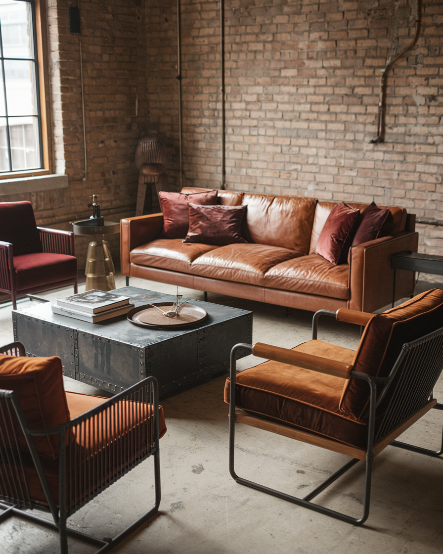 A cozy loft living room featuring a rustic touch with a brown leather sofa, red armchairs, and an industrial-style coffee table against charming brick walls. Natural light spills through the window, creating a perfect blend of comfort and style for men