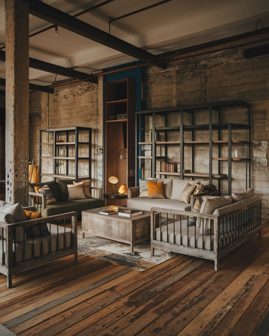 A rustic living room exudes charm with its wooden floors and metal bookshelves, blending industrial elements. Two inviting sofas, armchairs, and a wooden coffee table come together under warm lighting to create a cozy ambiance.