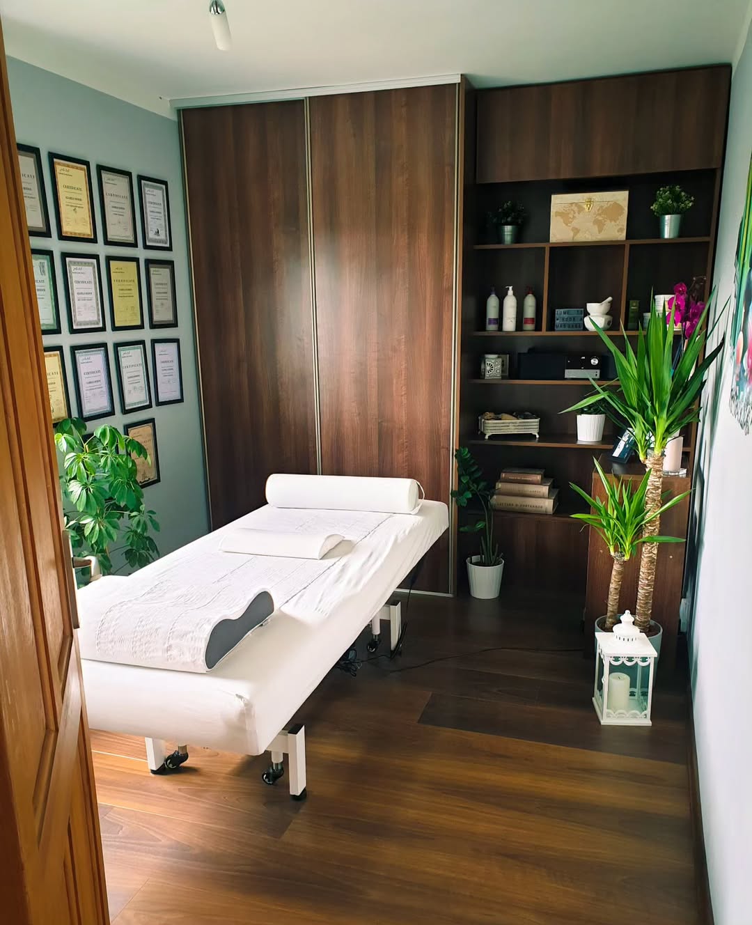 A massage therapy room with thoughtful Massage Room Decor—wooden shelves, potted plants, and framed certificates—creates a soothing Relaxation Room centered around a comfy treatment table.