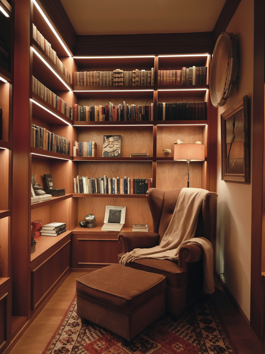 Cozy reading nook with a leather armchair, footrest, and a blanket, perfect for any home library for men. Surrounded by wooden bookshelves filled with books, the warm lighting creates an inviting atmosphere ideal for exploring unique library ideas.