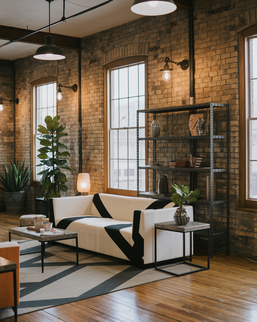 Rustic loft-style living room with brick walls and large windows. A white sofa with black stripes complements the metal bookshelf and indoor plants, while wooden floors and industrial lighting enhance the space