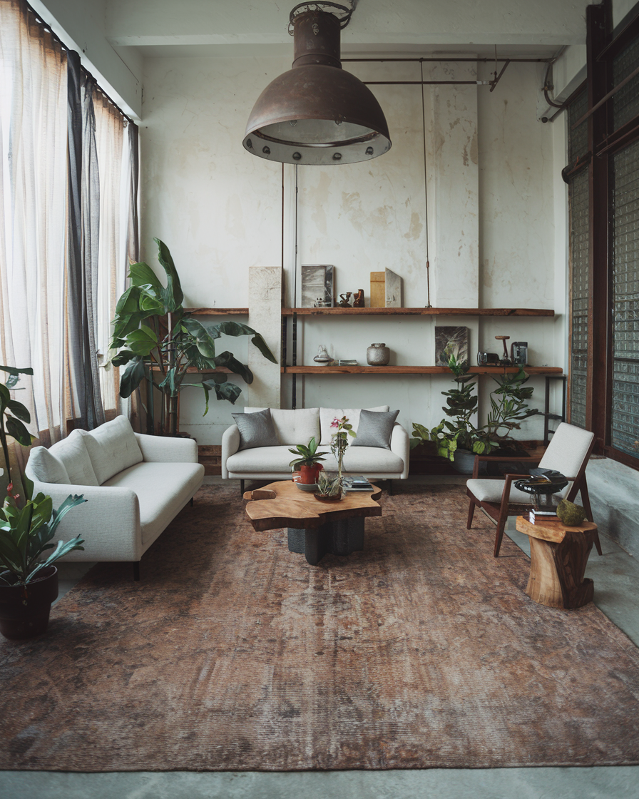 A modern, rustic living room featuring a white sofa, wooden coffee table, and chair adorned with plants and wall shelves. Large windows with sheer curtains brighten the space, while an industrial pendant light adds a touch of sleek sophistication overhead.