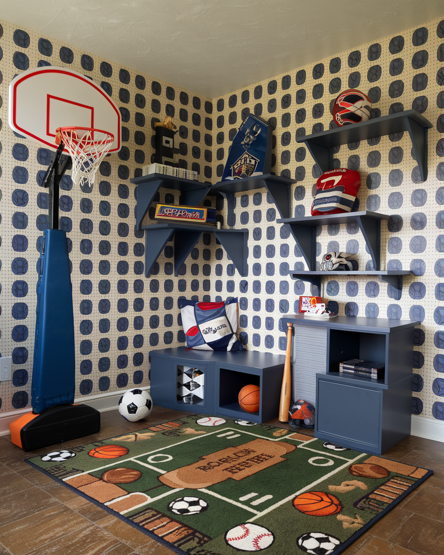 This sports-themed bedroom is perfect for boys, featuring patterned wallpaper, shelves displaying sports items, a basketball hoop, and a rug with vibrant sports designs. It