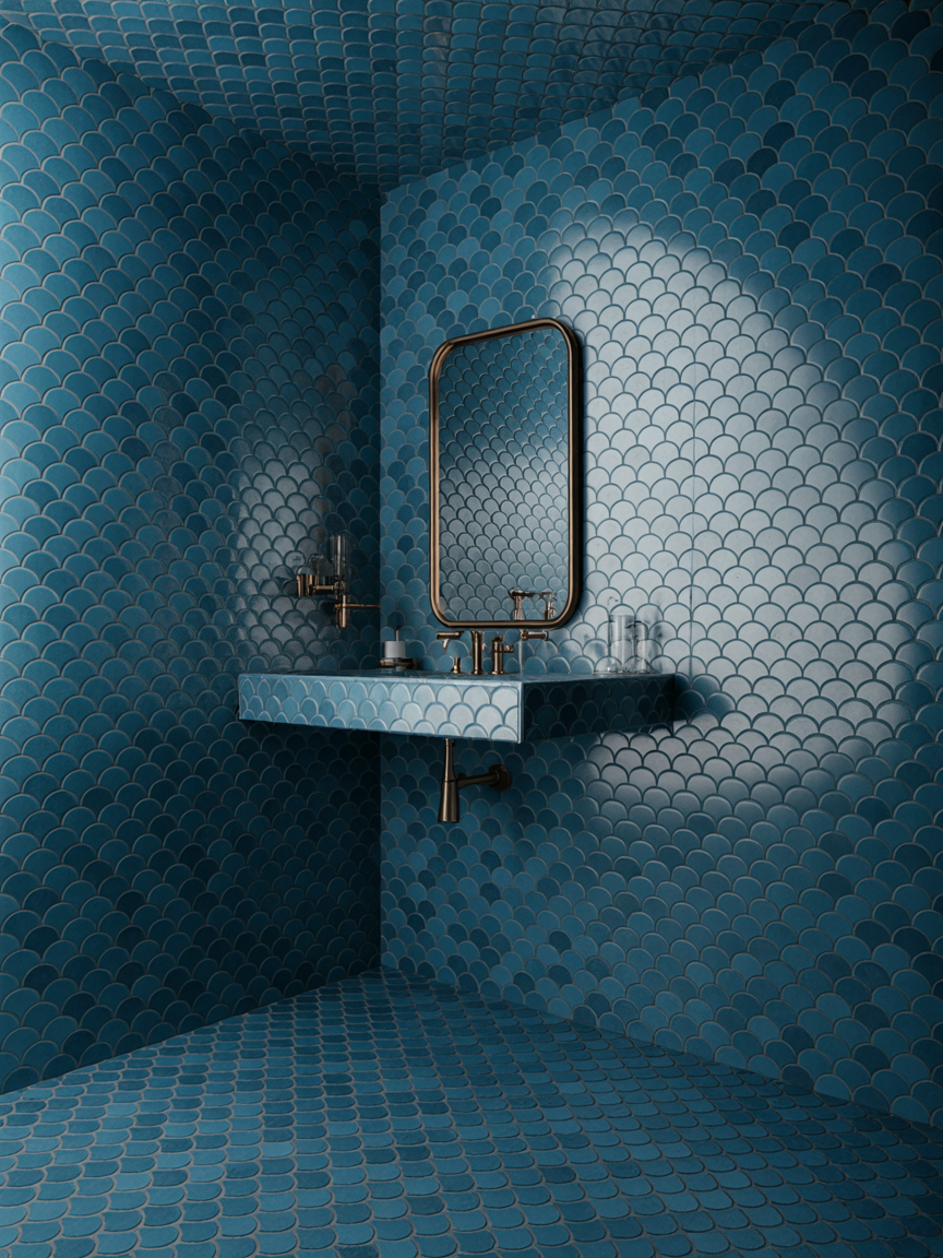 A bathroom with blue fish scale tiles on the walls, sink, and floor offers spa-worthy bathroom vibes, featuring a rectangular mirror and a wall-mounted faucet—perfect for inspiring new bathroom tile ideas.