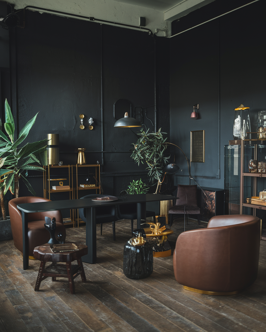 Sophisticated dark-toned living room featuring leather chairs, a black table, and plants. Wall-mounted lamps illuminate industrial elements alongside rustic decorative items on shelves.