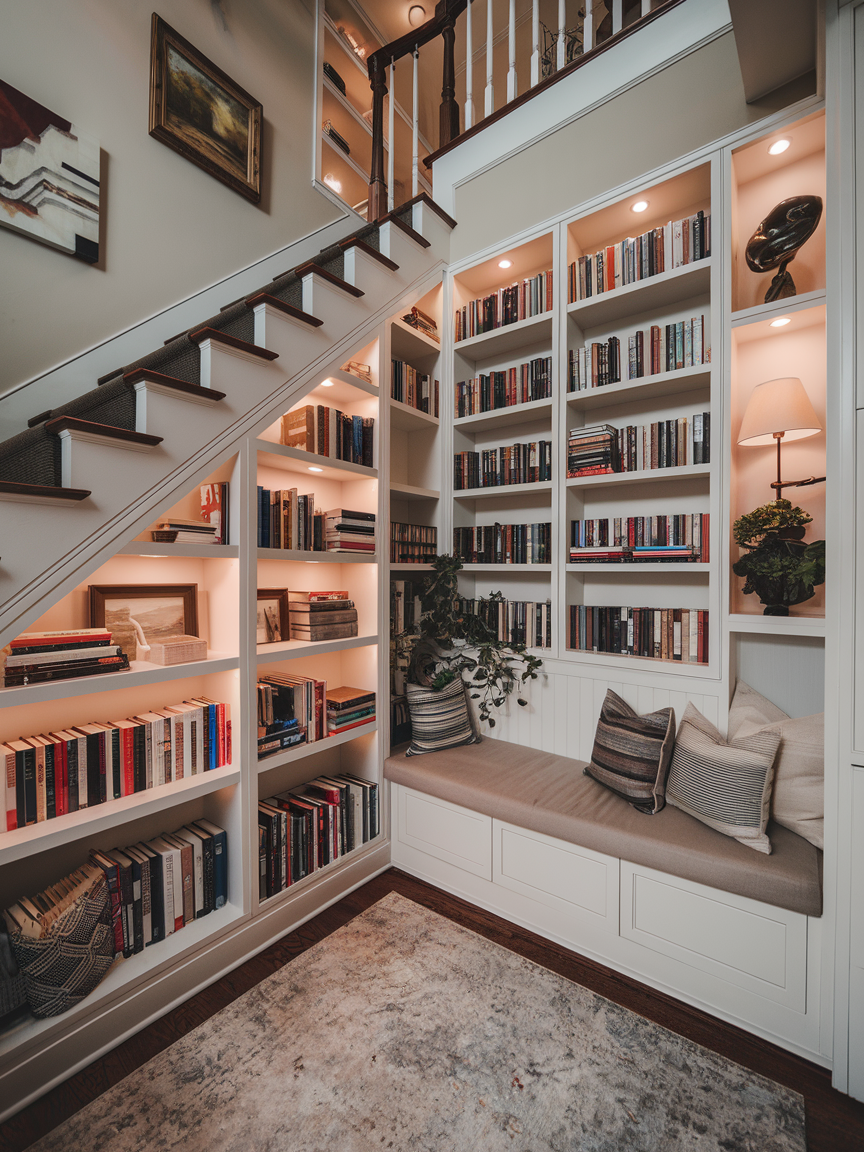 Cozy reading nook with built-in bookshelves under a staircase, featuring a cushioned bench, pillows, a potted plant, and an array of books—perfect for those seeking home library ideas.