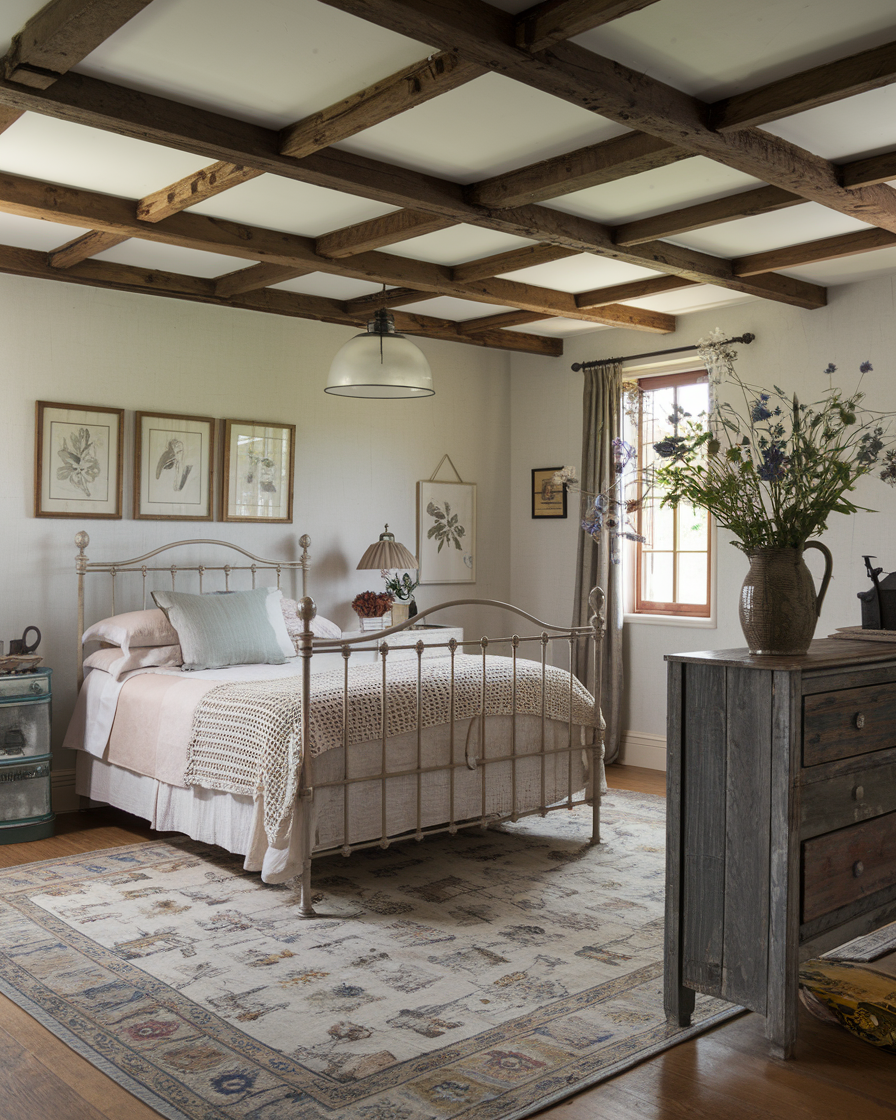 A cozy country style bedroom with a metal bed frame, neutral bedding, rustic wood ceiling beams, vintage decor, floral artwork, and a dresser holding a vase with wildflowers.