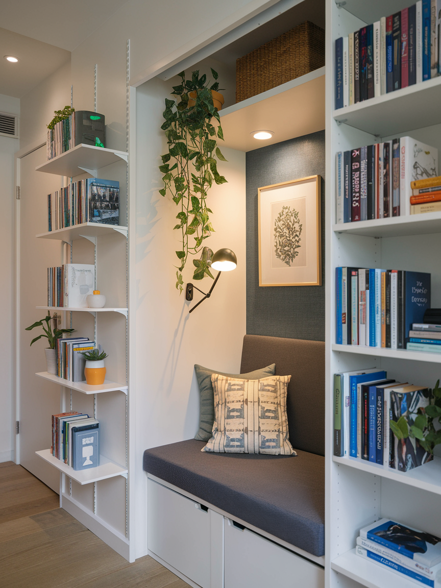 Cozy reading nook with overhead light, plant decor, and gray cushions surrounded by white bookshelves filled with books and small plants, offering a perfect home library idea for men seeking a peaceful retreat.
