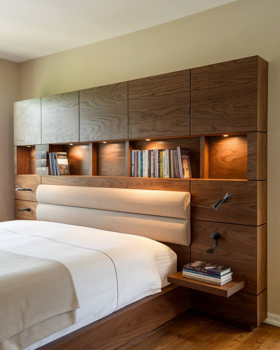 A modern bedroom headboard with built-in shelves, cabinets, books, reading lights, and a bed featuring a beige upholstered headrest.