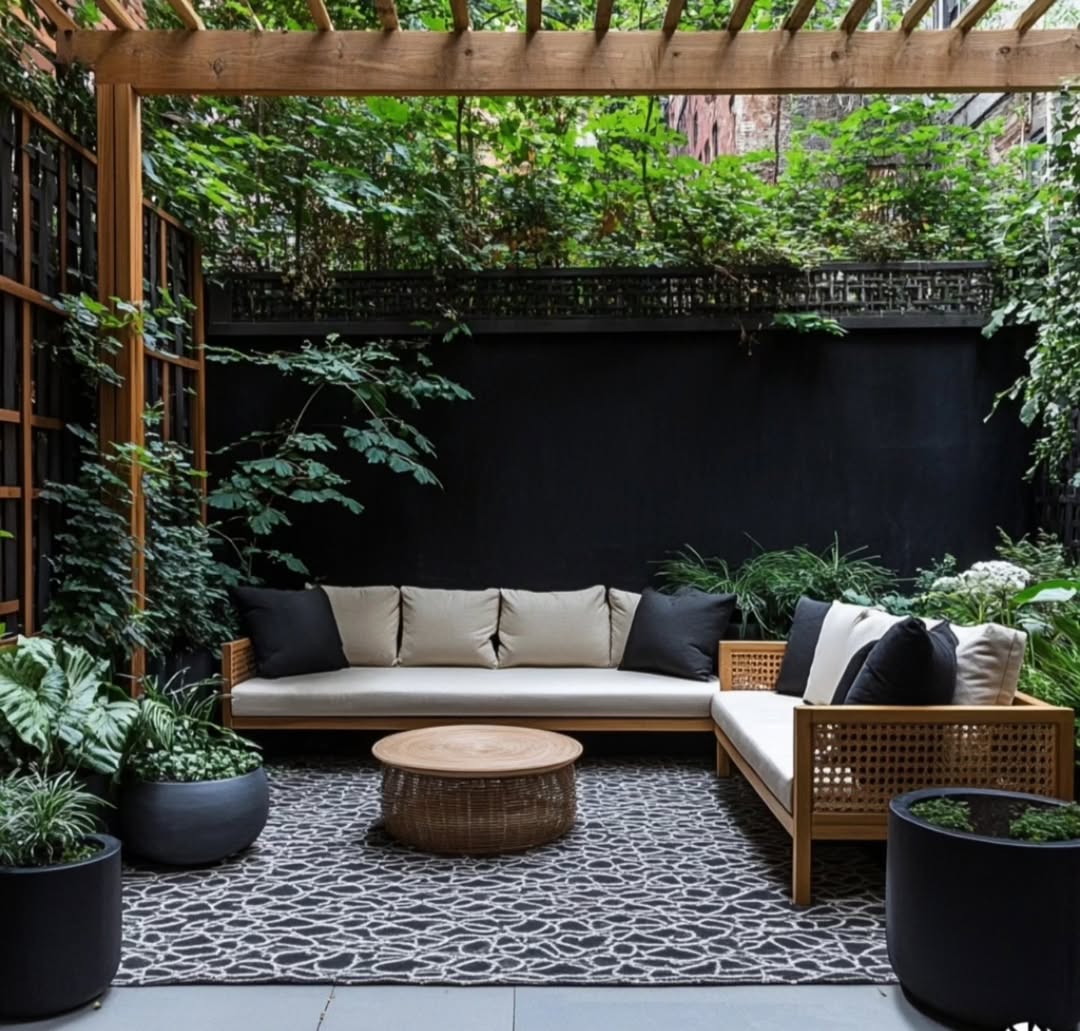 Small patio featuring a wooden pergola, beige sofa with black and white cushions, round coffee table, patterned rug, and potted plants surrounding the cozy seating area.