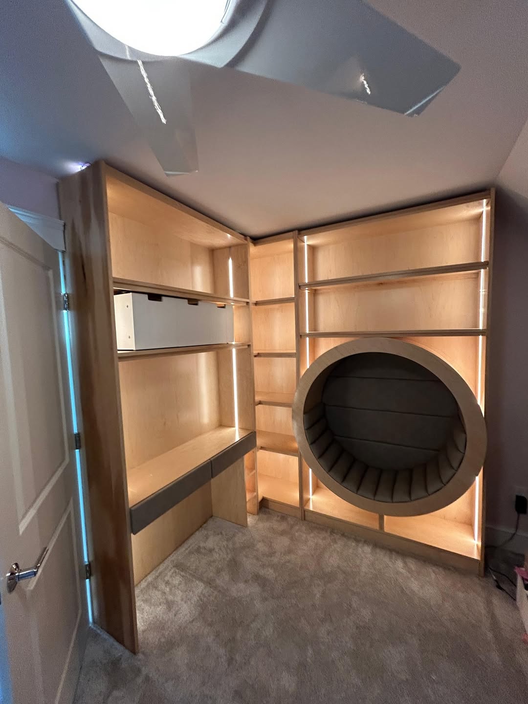 Built-in wooden shelving unit with integrated lighting, a circular cushioned nook, desk area, and closed storage offers smart home organization and built-in storage, all beautifully installed in a carpeted room.