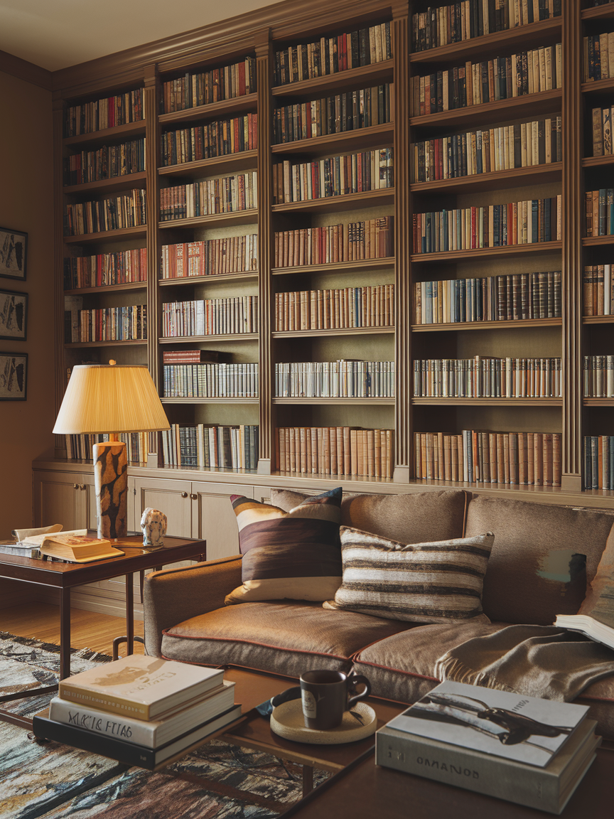 A cozy library room, perfect for home library ideas, features tall shelves of books, a comfortable brown sofa with striped cushions, a wooden coffee table with books and a mug, and a warm lamp illuminating the corner.