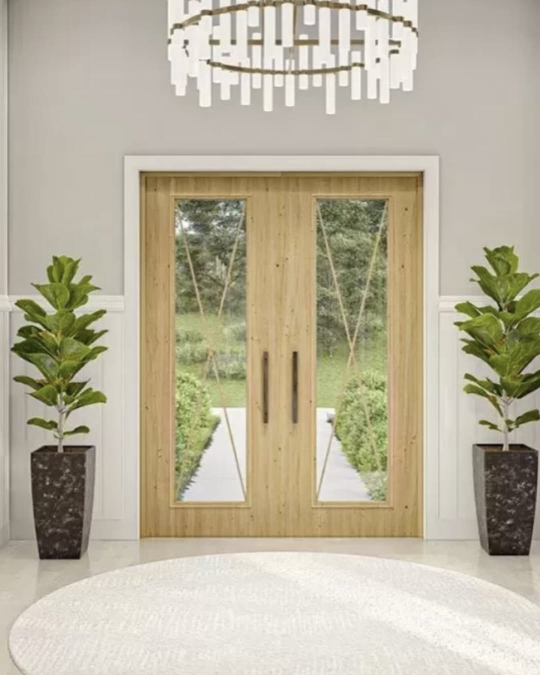 Double Door Entryway featuring double wooden front doors with glass panels and modern handles, flanked by potted plants and illuminated by a contemporary chandelier—perfect inspiration for stylish entryway ideas.