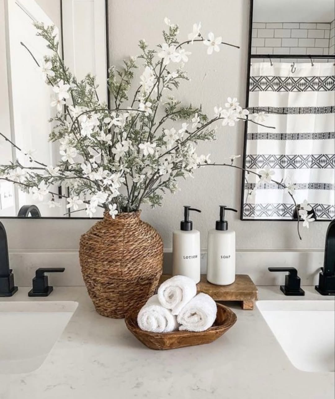 Coastal Farmhouse Vanity Vignette with Wicker Vase and Dough Bowl