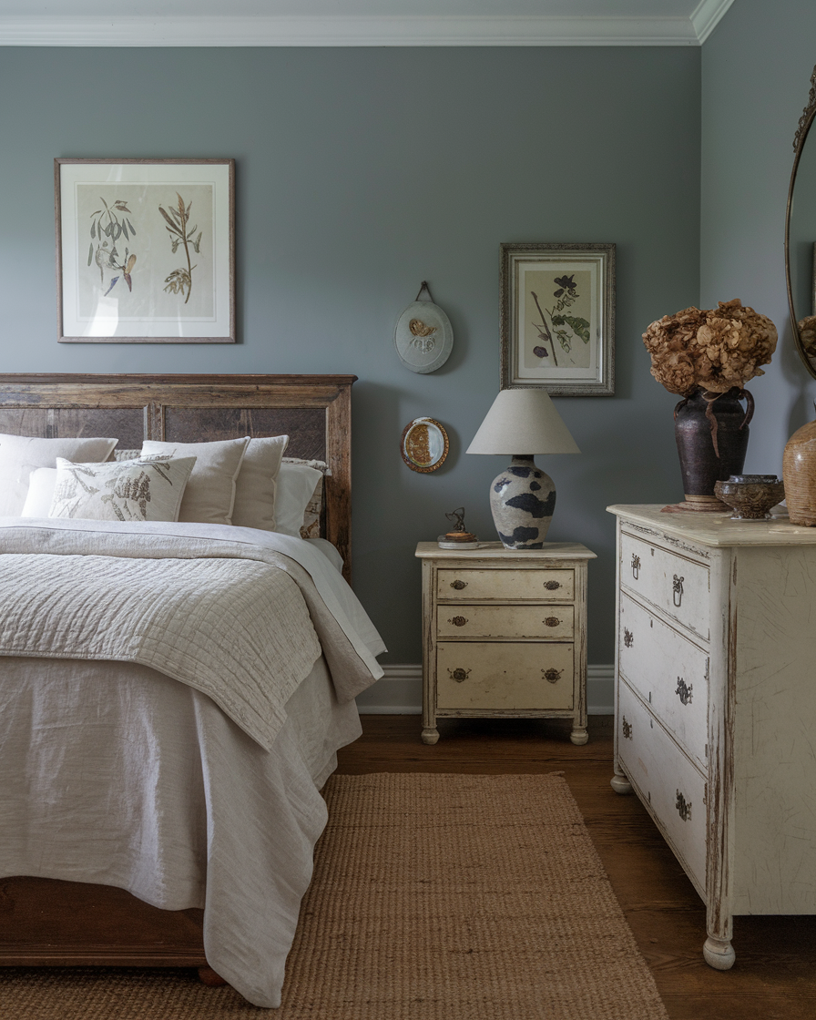 A cozy country style bedroom features a wooden bed with neutral bedding, a vintage nightstand with a lamp, framed botanical prints, and a dresser topped with dried flowers for charming farmhouse bedroom ideas.