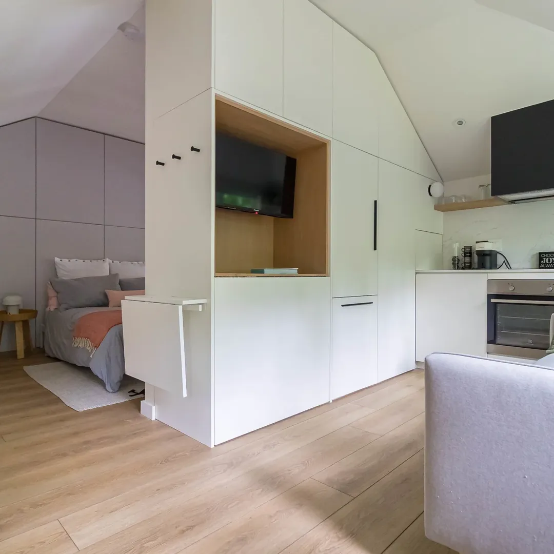 Modern studio apartment with wood flooring, a built-in white storage wall separating the sleeping area from the kitchen, a mounted TV, and clever studio apartment ideas for maximizing every inch of space.