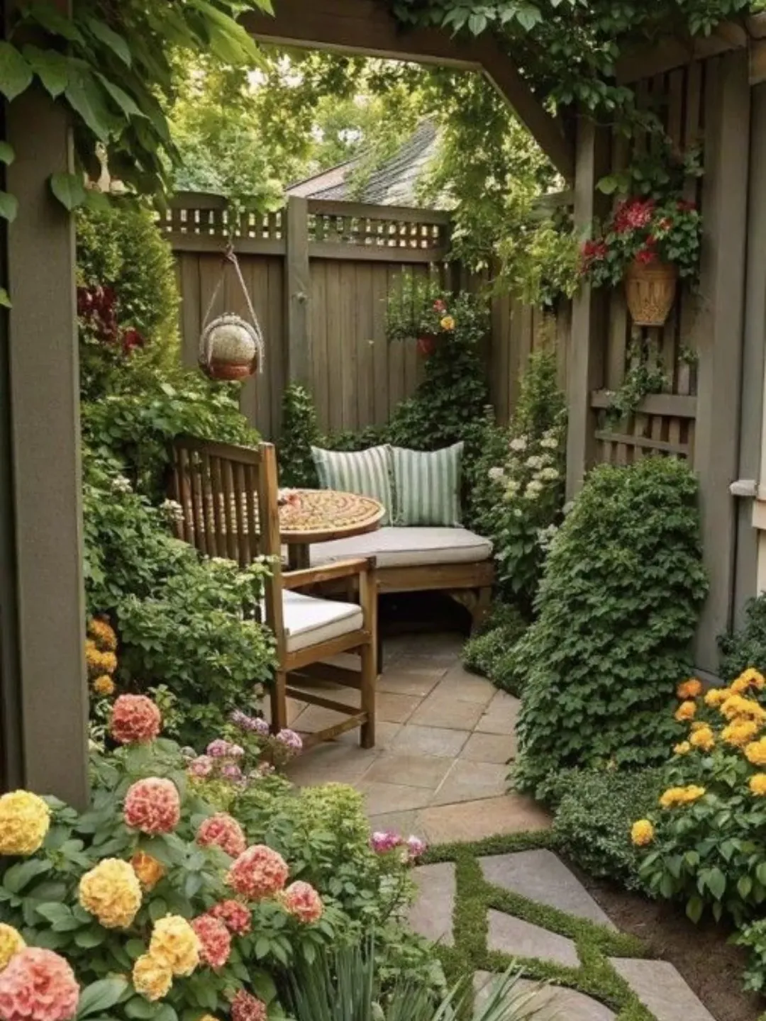 Small garden patio with a round table, wooden chairs, a cushioned bench, lush greenery, and blooming flowers against a wooden fence—perfect for exploring fresh Garden Ideas 2025.