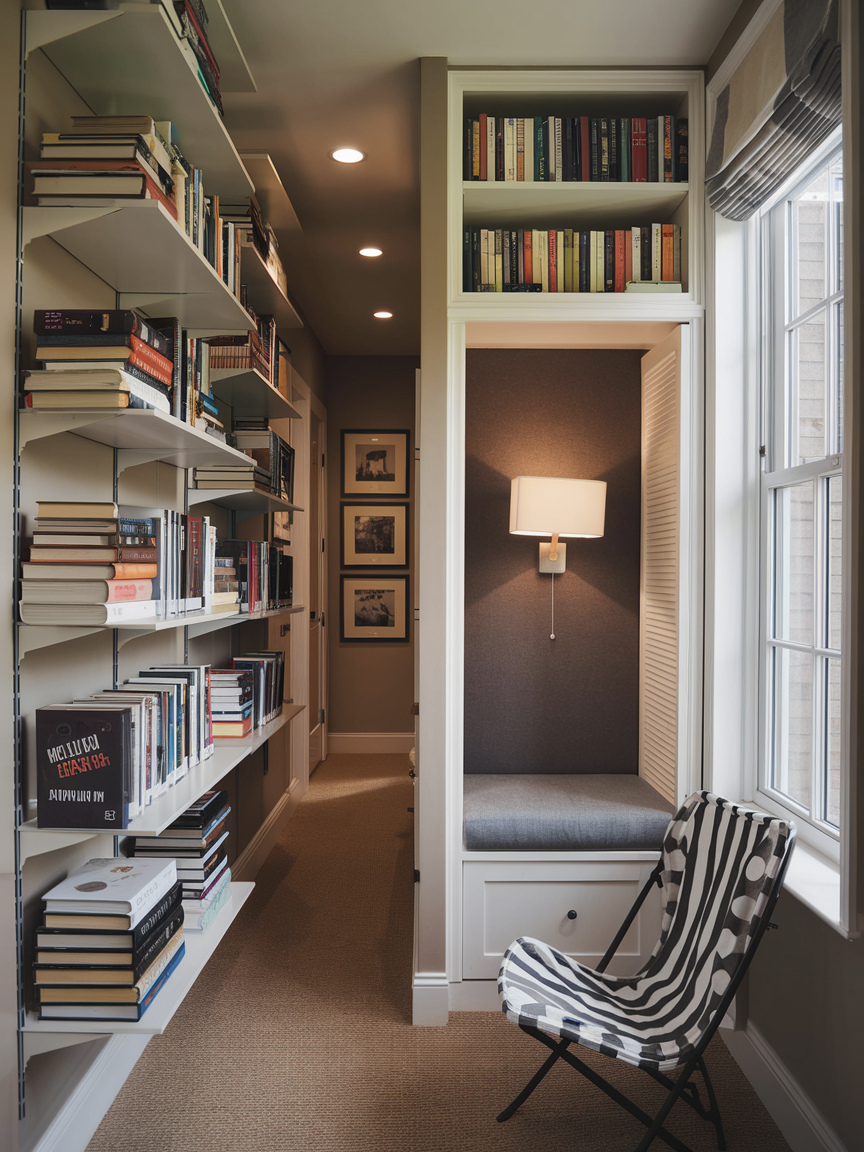 A cozy reading nook with a built-in bench and wall lamp sits adjacent to a hallway lined with bookshelves, showcasing home library ideas, complemented by a patterned chair.