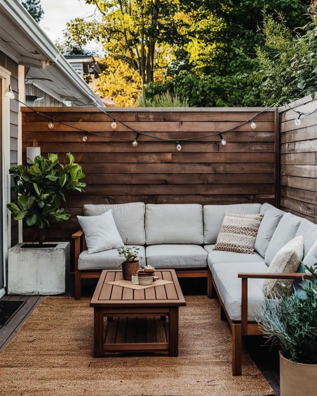 A cozy small patio features a wooden L-shaped sofa with neutral cushions, a wooden coffee table, string lights, lush plants, and a wooden privacy fence.