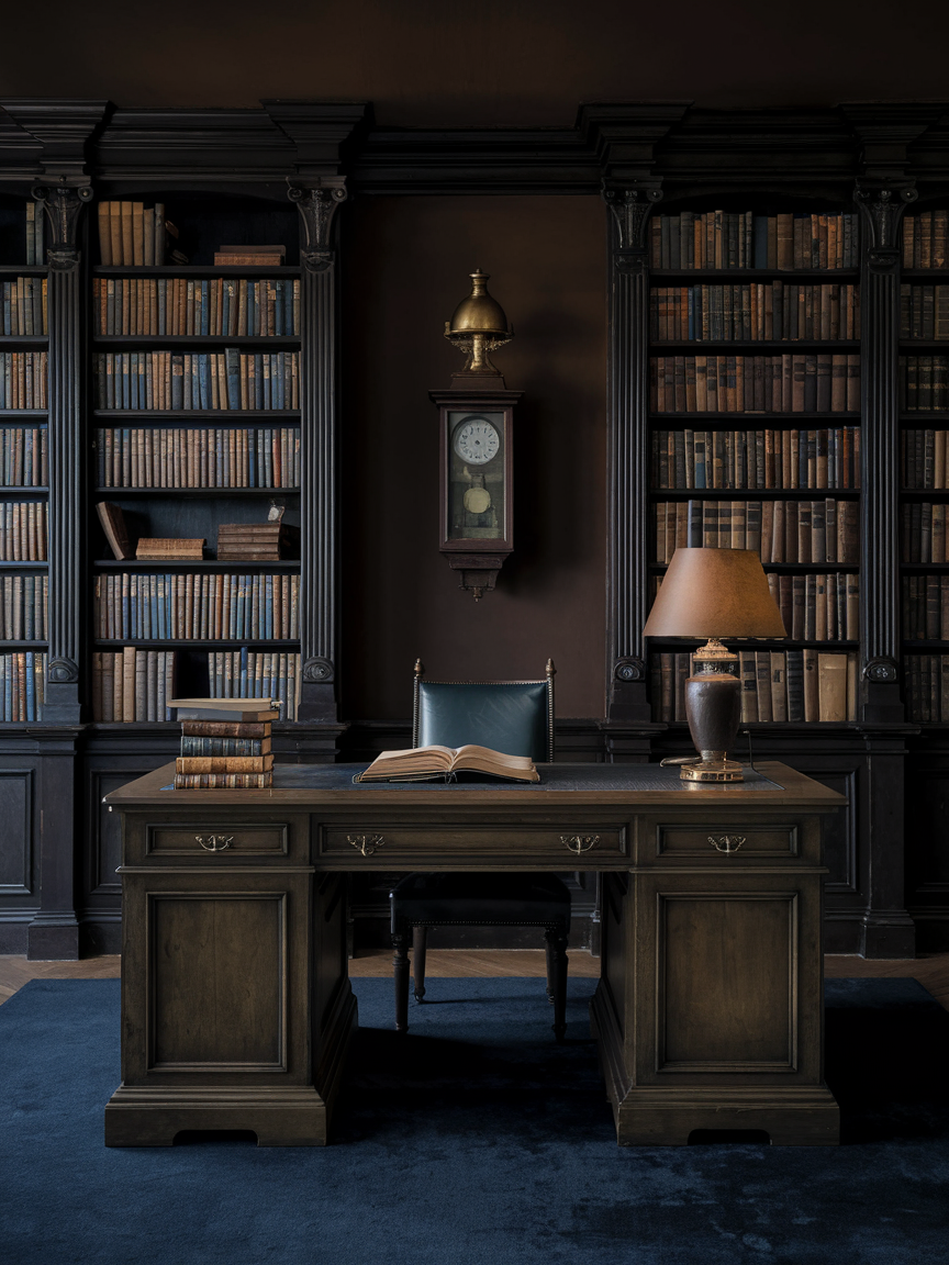 A vintage wooden desk with an open book and lamp is centered in a study, offering timeless home library ideas. Bookshelves filled with books surround the space, while a classic wall clock ticks softly in the background, creating an inviting atmosphere perfect for contemplation and creativity.