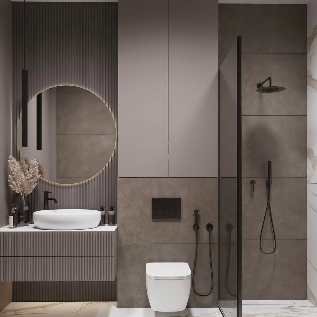 Mocha Fluted Panel Bathroom with Circle Mirror and Cement Tile Shower