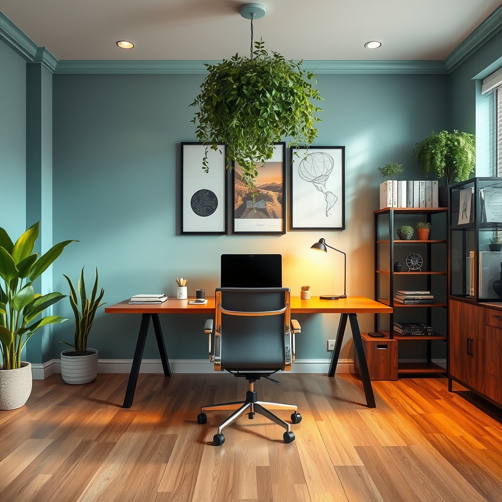 A modern home office features a stylish computer desk design with a wooden desk, black chair, computer, plants, wall art, bookshelves, and wood flooring, beautifully lit by natural and ceiling lights. Perfect for fresh desk ideas.