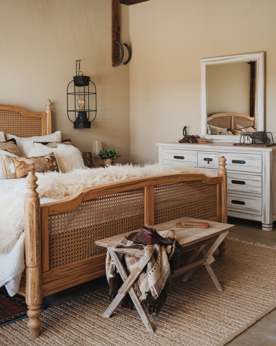 The bedroom features a wooden bed, a white dresser with a mirror, and a rustic bench that adds to the vintage western decor. A wall lamp casts warm light on the woven rug and lush plants, while a draped blanket completes the cozy aesthetic.