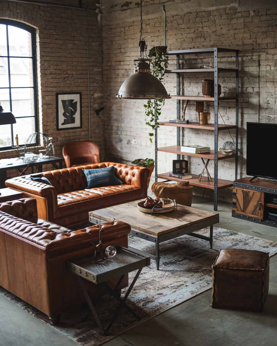 The rustic, industrial-style living room boasts leather sofas, a wooden coffee table, and metal shelving. Exposed brick walls and large windows create an airy, modern ambiance.