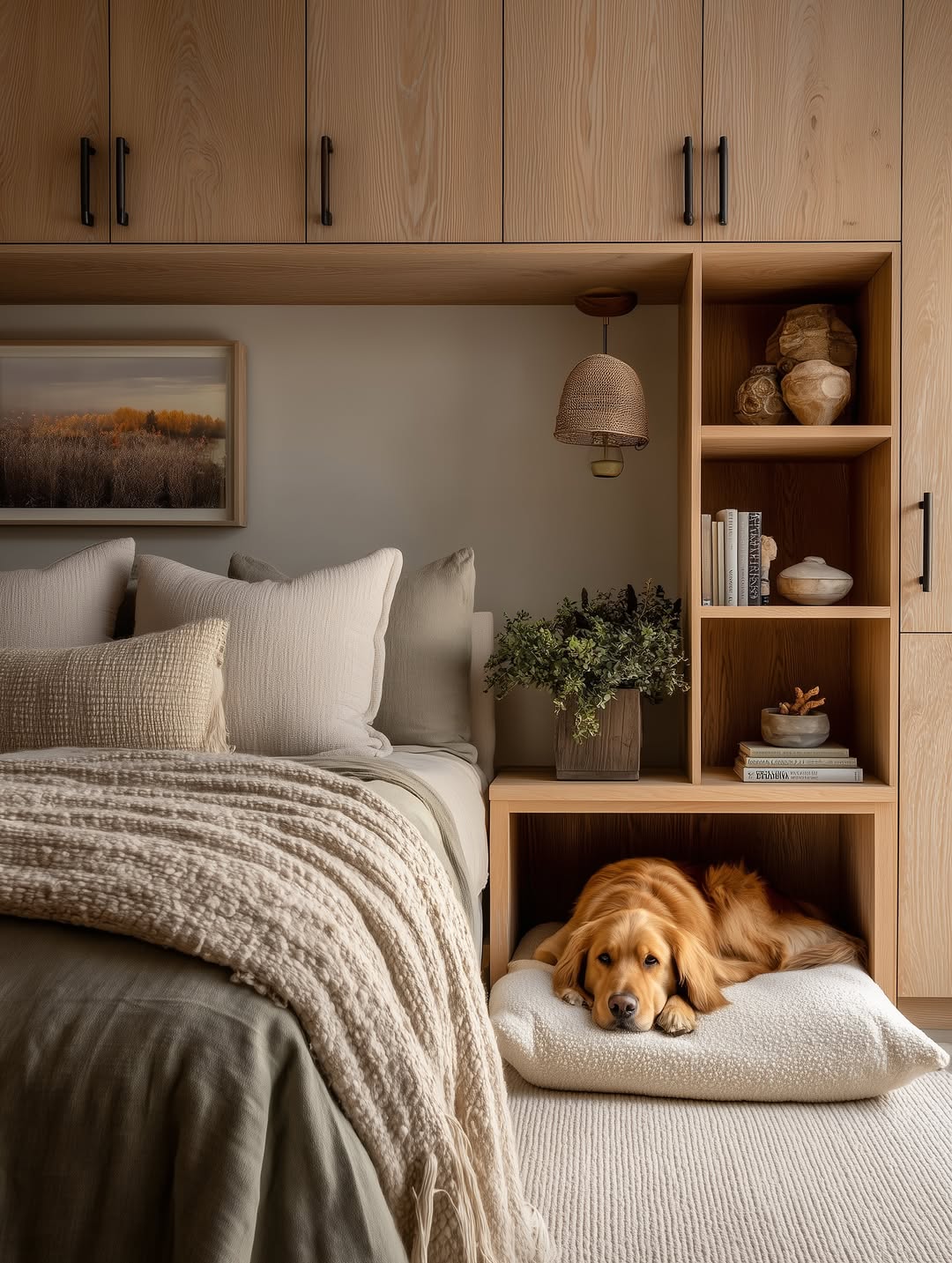 A cozy bedroom features neutral bedding and wood cabinetry, with pet bedroom design highlighted by a golden retriever lying on a dog bed in a built-in nook beside the bed.