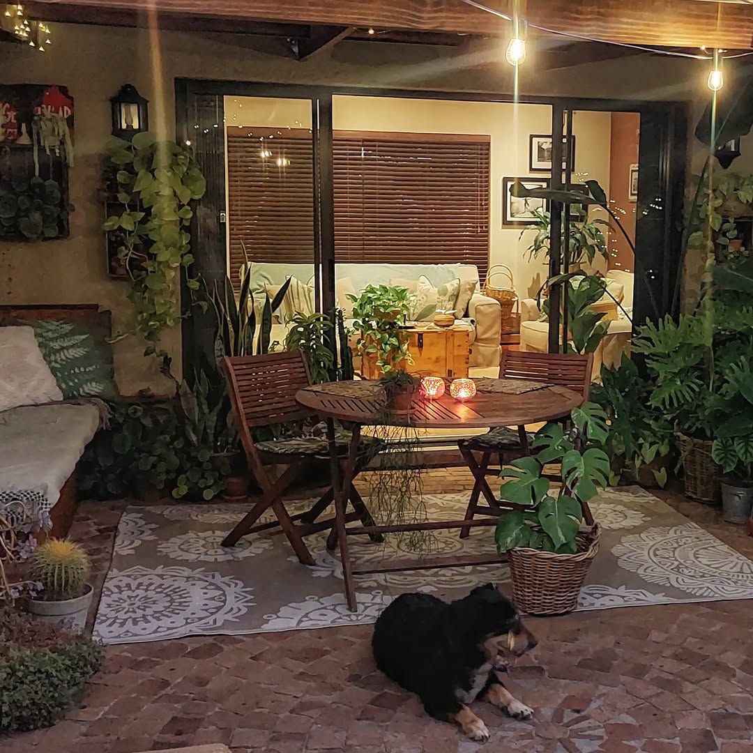 A cozy small patio with a wooden table and chairs, surrounded by potted plants and string lights. A dog lies on the tiled floor in front of a glass door leading to a warmly lit living room.
