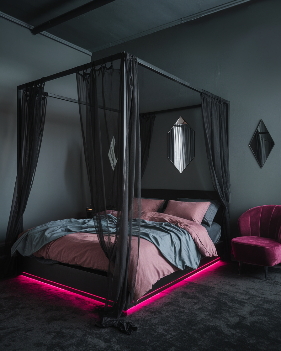 A modern dark feminine bedroom featuring a black four-poster bed, pink and gray bedding, sheer black curtains, wall mirrors, a pink velvet chair, and soft pink LED lights glowing under the bed.