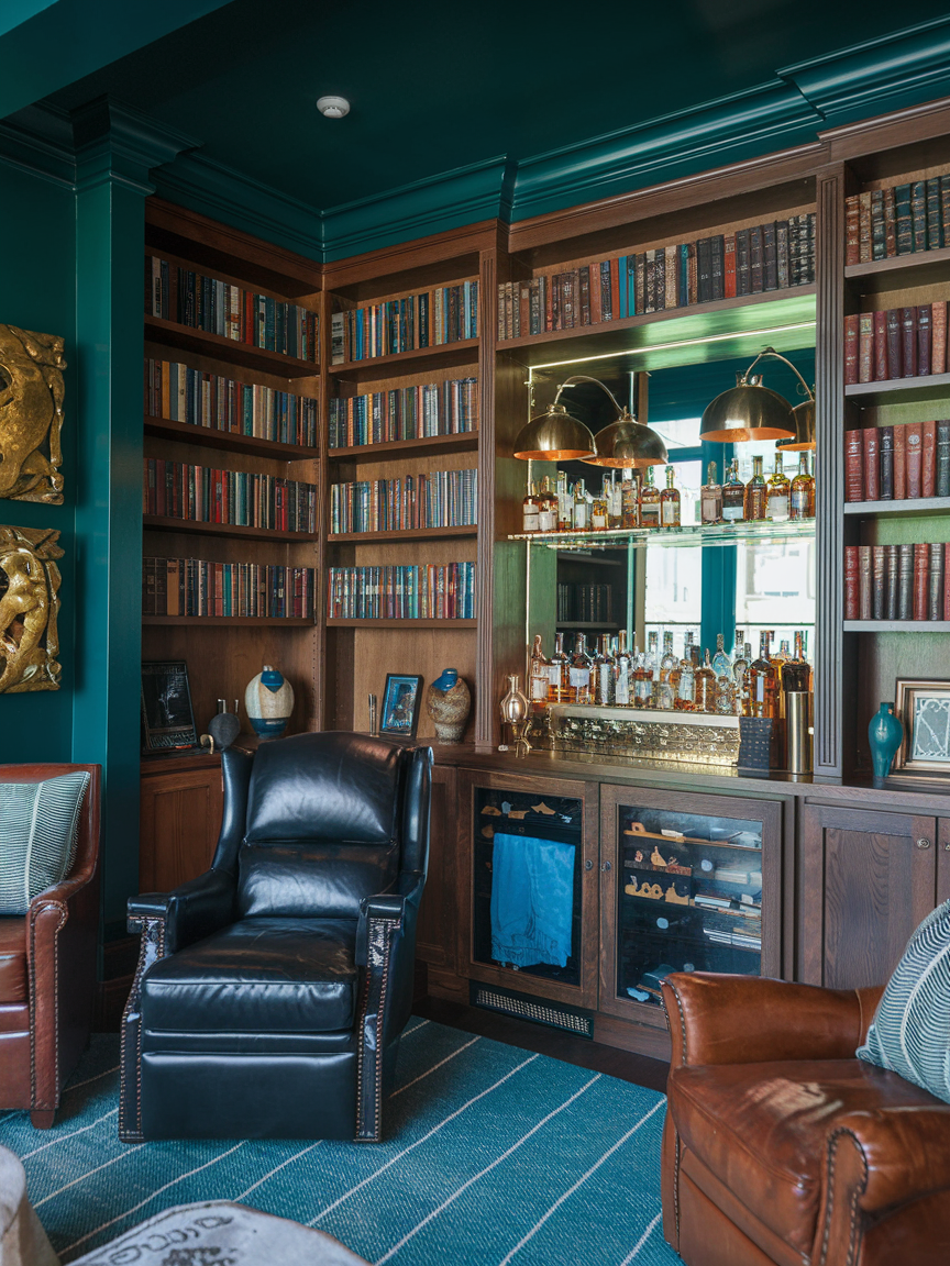 A cozy home library featuring a built-in bookshelf filled with books, a mirrored bar stocked with bottles, and leather armchairs. The space is completed with a blue striped rug, making it an inviting spot for men to unwind and explore new home library ideas.
