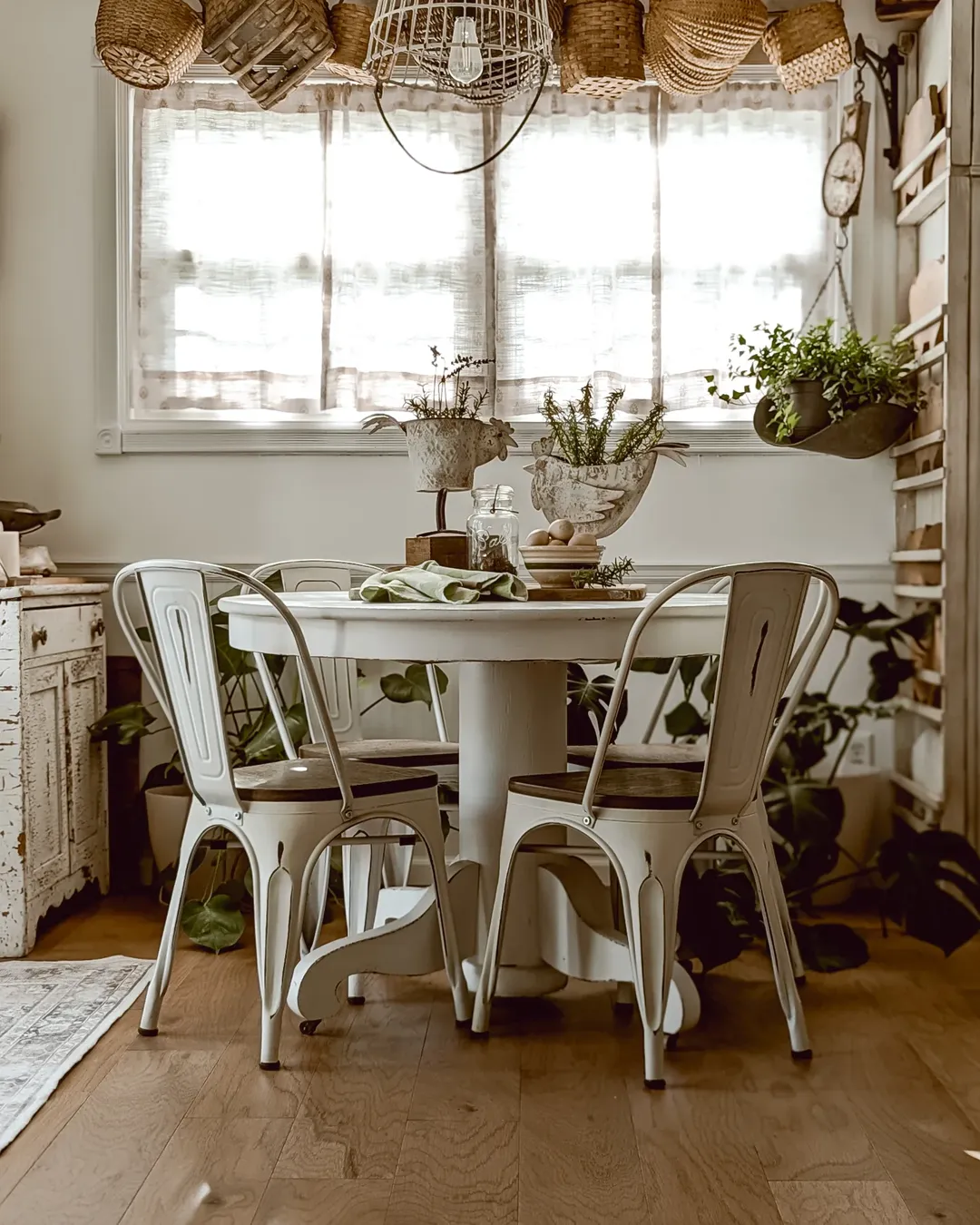 A round white table with four metal chairs sits in a sunlit dining area, surrounded by plants, rustic decor, and baskets hanging above the window—perfect inspiration for cottagecore kitchen ideas.