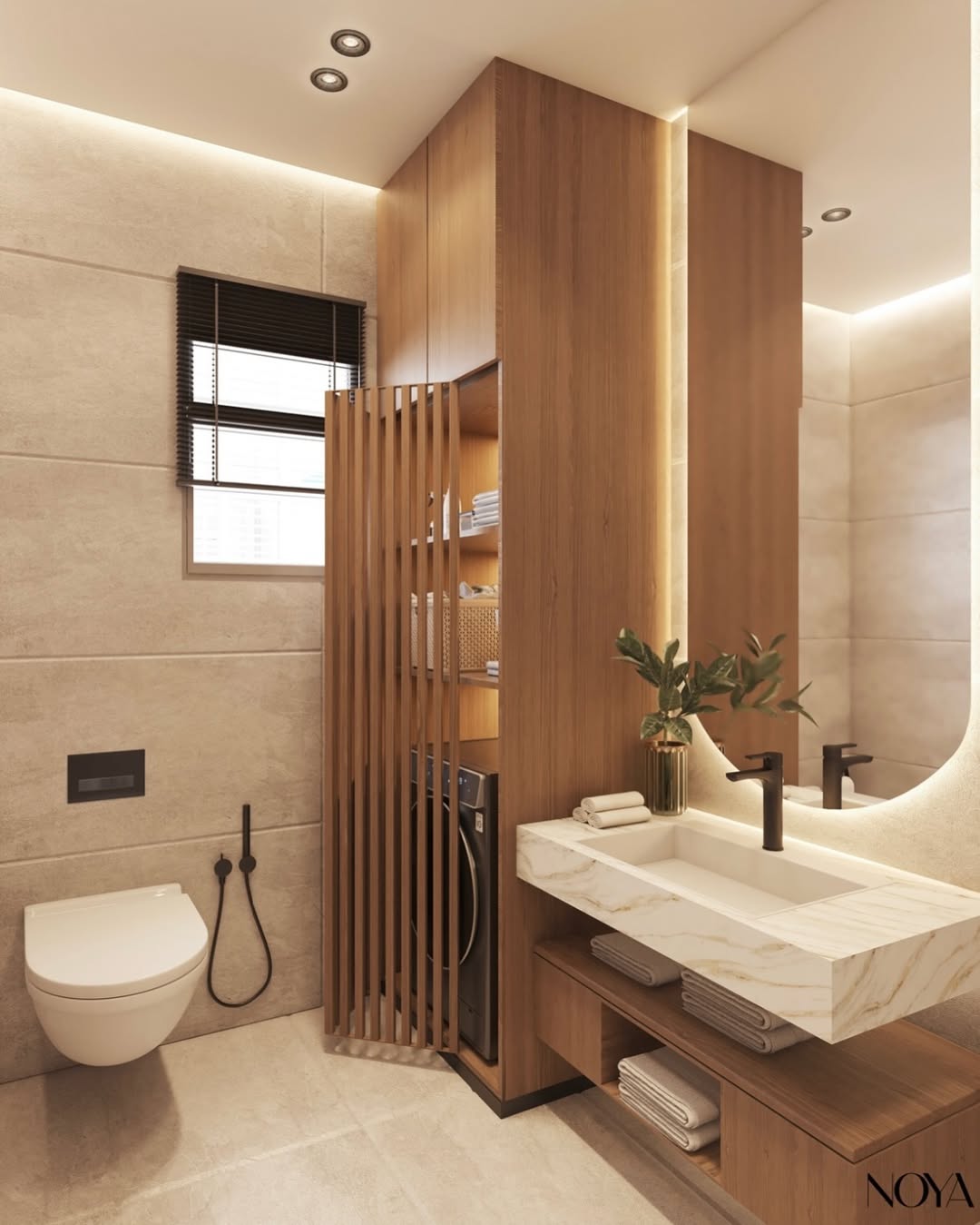 Warm Oak and Travertine Bathroom with Slatted Tower Cabinet