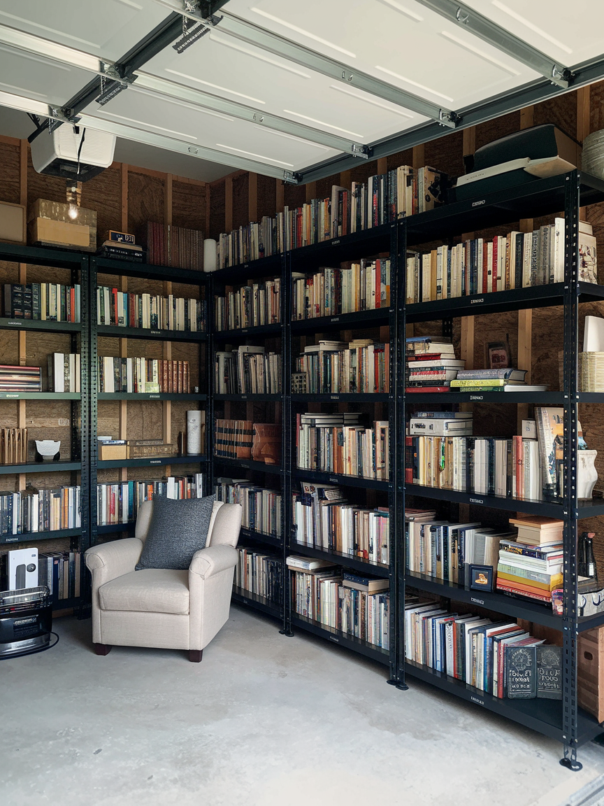 A stylish home library features black metal bookshelves filled with books lining the walls. In the corner, a beige upholstered chair with a dark cushion offers a cozy spot for men to unwind, all set on a sleek concrete floor. Perfect for those seeking unique home library ideas.