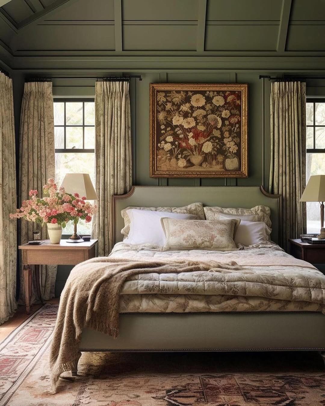 A sage green farmhouse bedroom with paneled walls, a bed with patterned bedding, two side tables topped with lamps and flowers, curtained windows, and a floral painting above the headboard.