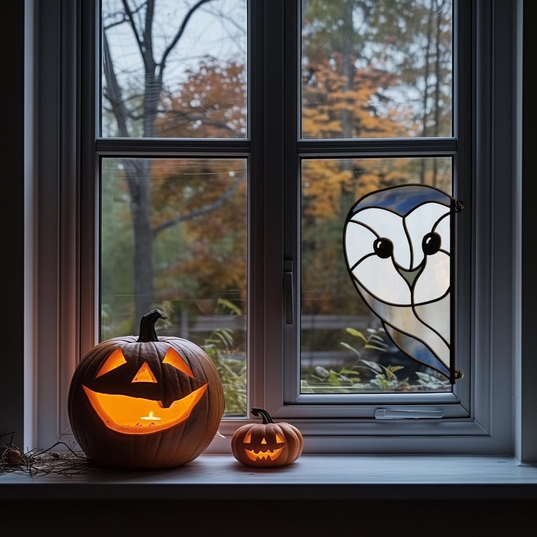 Two carved pumpkins with lit candles sit on a window sill; a stained glass owl decorates the window, offering creative Halloween window decoration ideas with autumn trees visible outside.