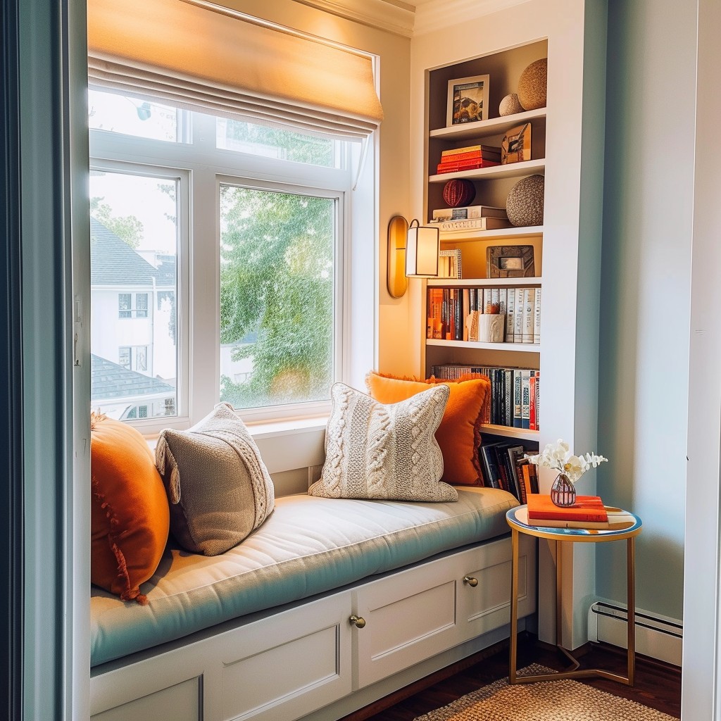 A cozy window seat with orange and beige pillows, built-in shelving for books and decor, a side table with a vase, and a large window letting in natural light—perfect inspiration for book nook ideas and cozy reading spaces.