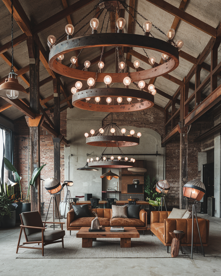 Rustic industrial-style living room featuring tall wooden beams, leather sofas, and chairs, all illuminated by large circular chandeliers. Potted plants add a touch of greenery while natural light streams through expansive windows—an ideal space for men seeking comfort and style.