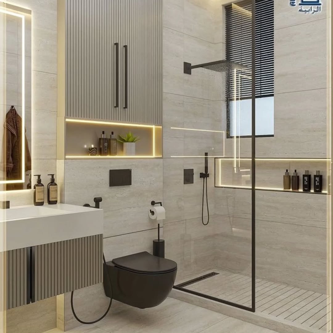 Fluted Grey Vanity Bathroom with Black Fixtures and Rain Shower