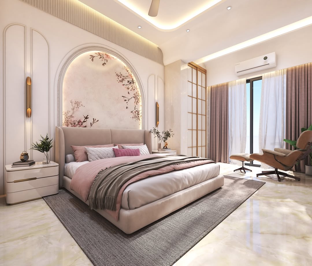 A modern bedroom decor featuring a large bed, soft pink and beige accents, accent lighting, floor-to-ceiling windows with curtains, and a lounge chair by the window—perfect for those seeking fresh cherry bedroom ideas.