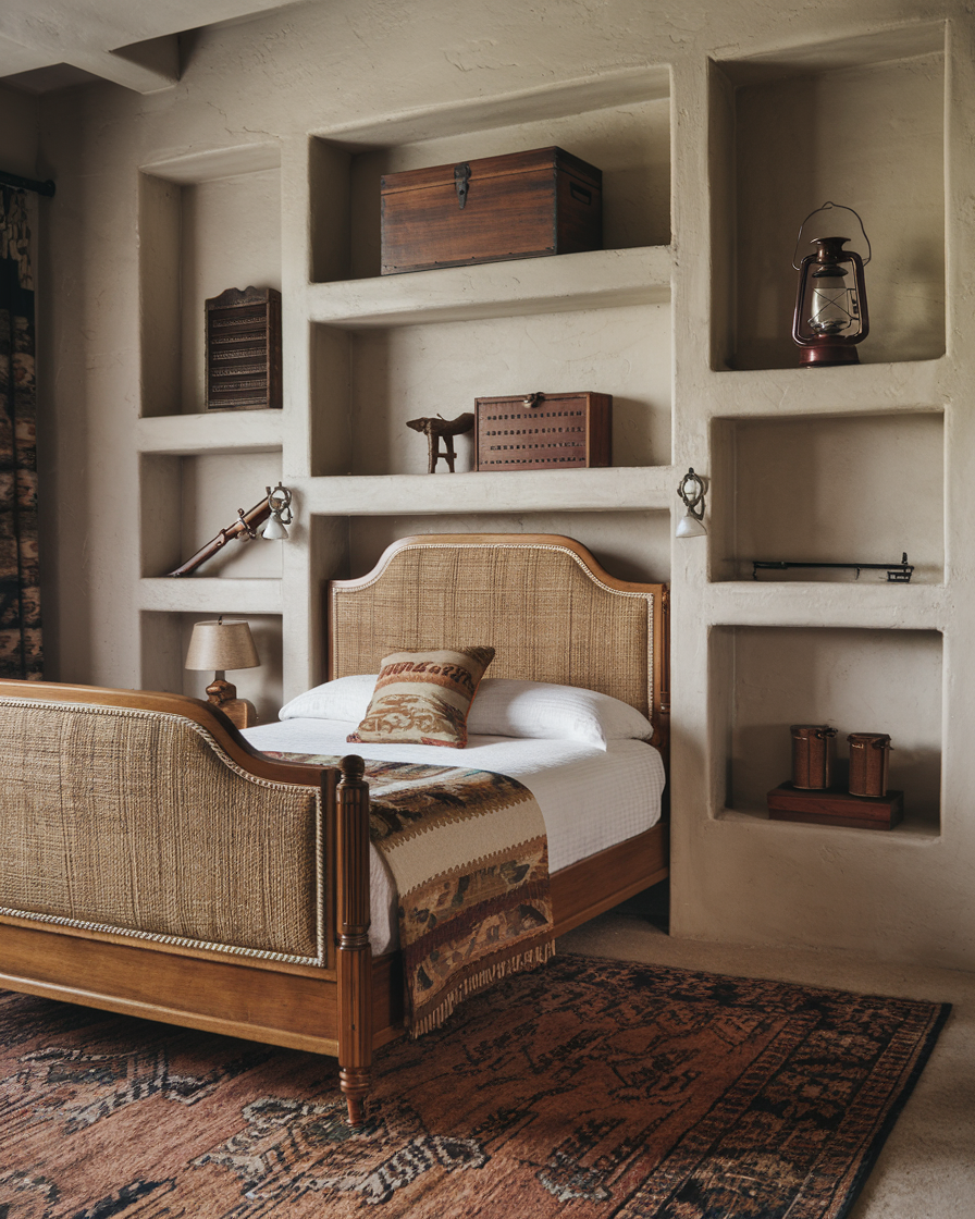 Cozy vintage western bedroom featuring a wicker bed, rustic decor on shelves, an ornate rug, and a woven blanket. Earth-toned walls add warmth to the setting, offering inspiring decor ideas for those crafting their perfect retreat.