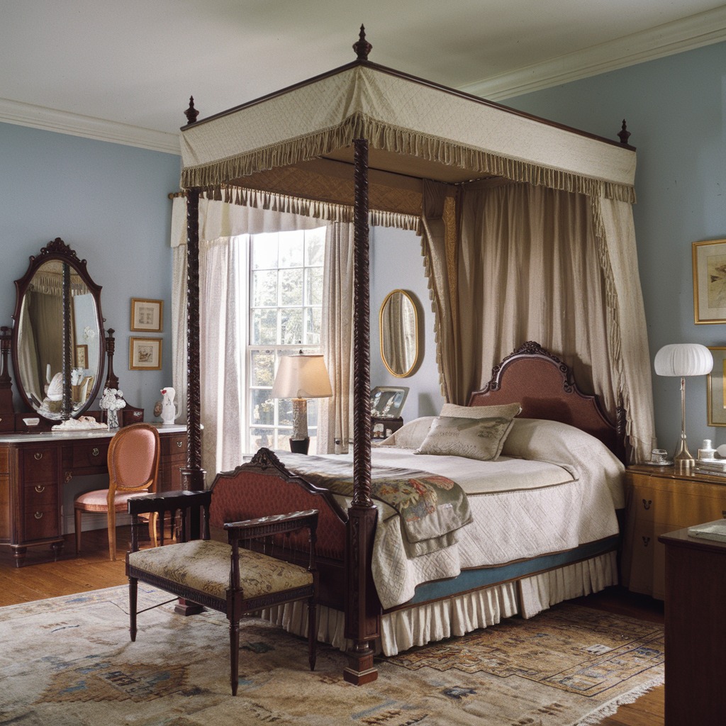 A traditional Victorian bedroom featuring a large four-poster canopy bed, a wooden vanity with mirror and chair, a bench at the bed’s foot, and soft natural light streaming in from a window.