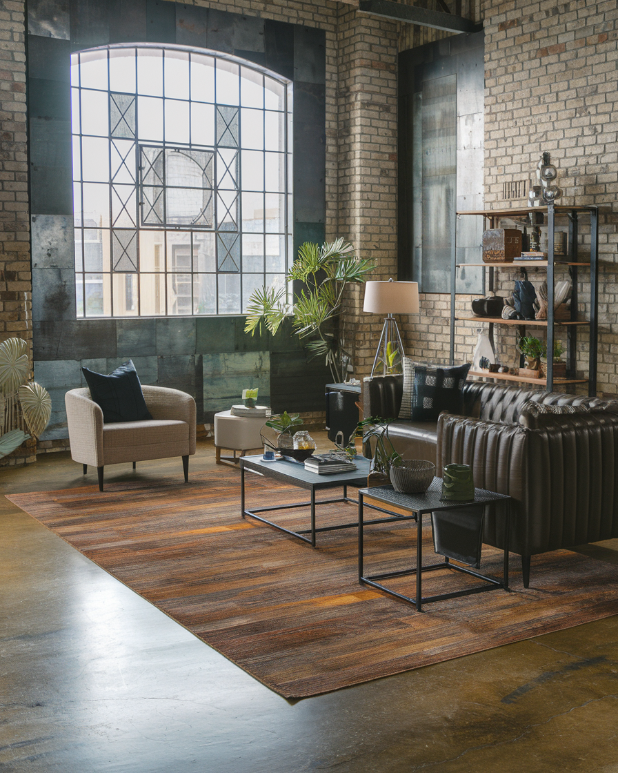 Rustic industrial-style living room featuring brick walls and a large arched window, complemented by a brown leather sofa, beige armchair, two coffee tables, floor lamp, plants, and a striped rug atop the polished concrete floor.