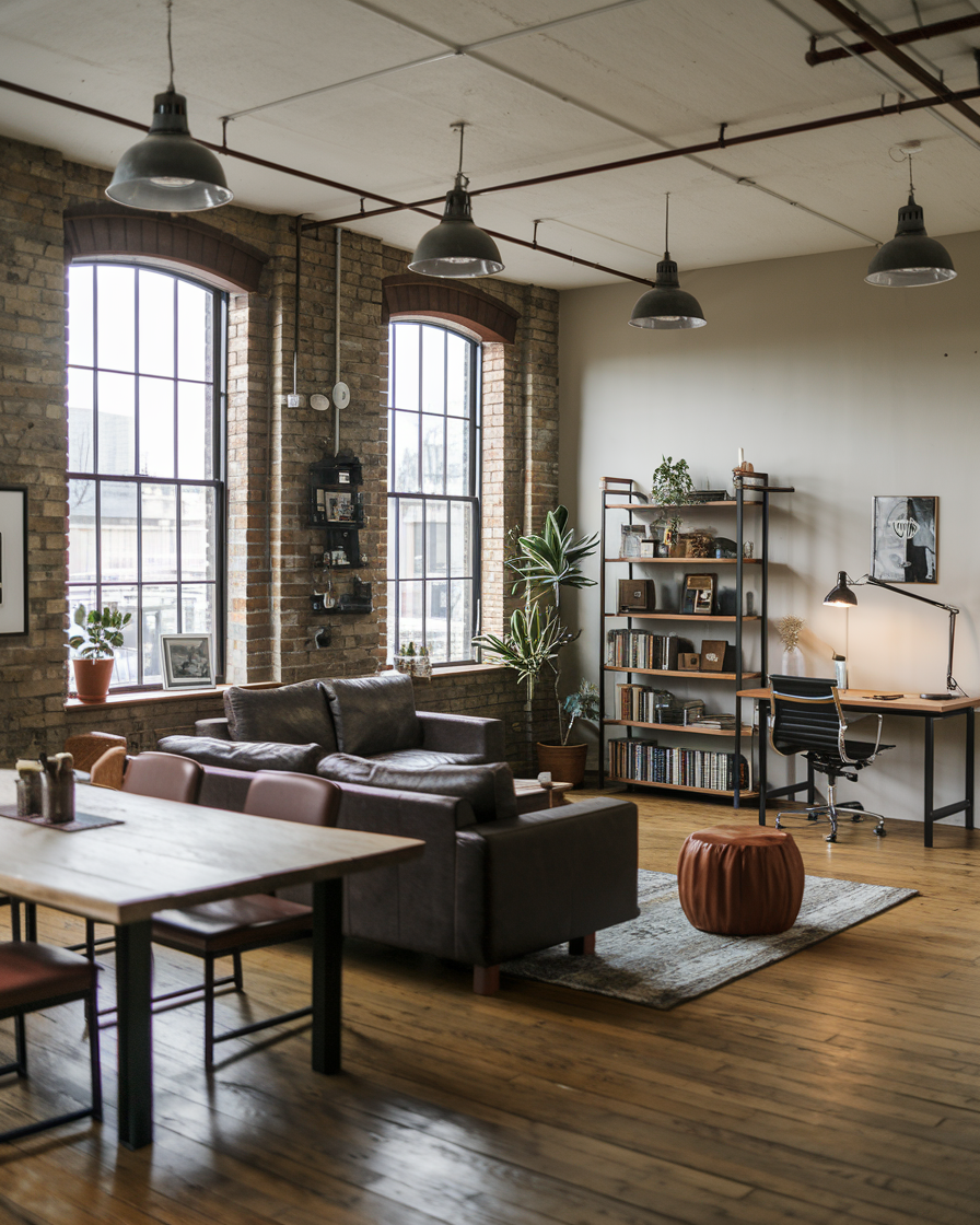 Rustic industrial charm defines this loft-style living room. Brick walls and large windows frame a gray sofa, while a desk and shelving unit offer functionality. The wooden dining table adds warmth, complemented by plants, books, and framed photos—a perfect setting for stylish living room ideas.