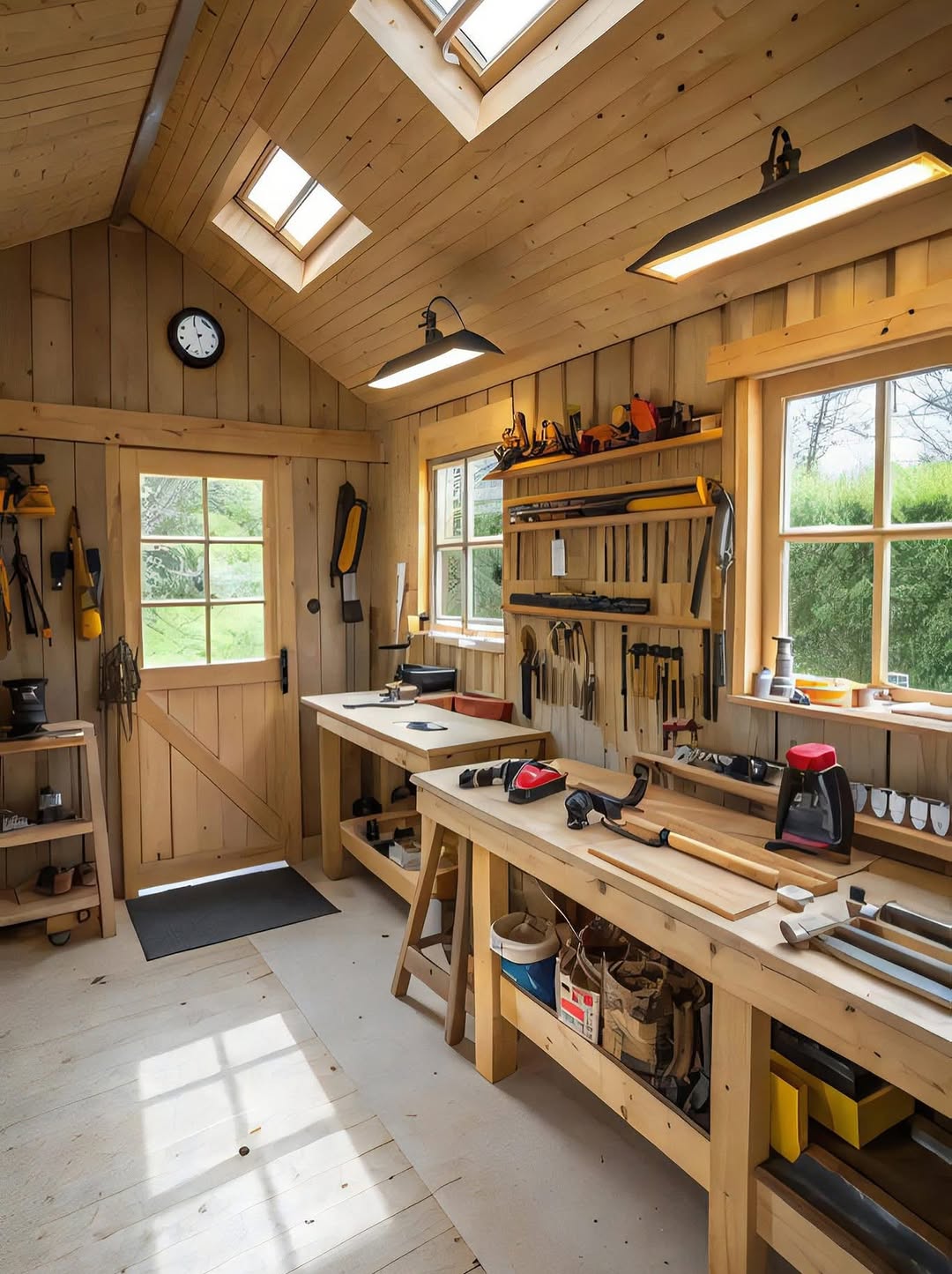 A well-organized home office workshop with tools hanging on the wall, two workbenches, natural light from windows and skylights, and various woodworking supplies neatly arranged—ideal for inspiring workshop ideas.