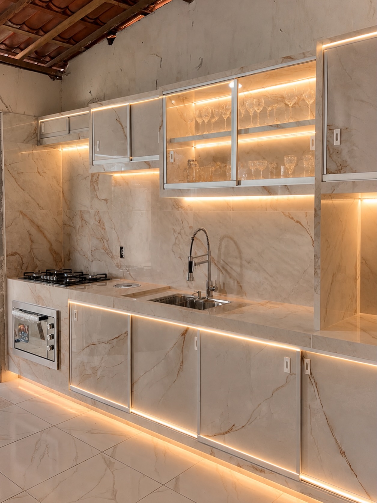 Marble kitchen with LED strips inside glass front upper cabinets and a lit toe kick under the lower cabinets, exposed clay tile roof above