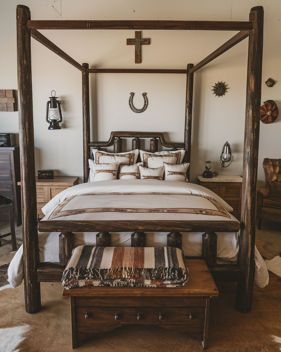 Discover vintage western bedroom decor with a rustic flair: a wooden four-poster bed, crisp white bedding, and charming accents like a cross and horseshoe on the wall. Complete the look with a wooden bench draped in a striped blanket for timeless bedroom decor ideas.