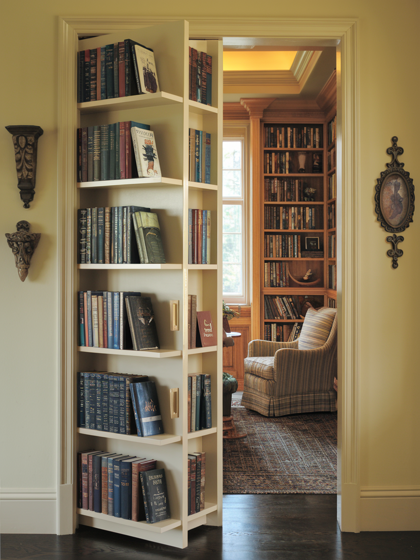 A bookshelf door swings open to reveal a cozy men