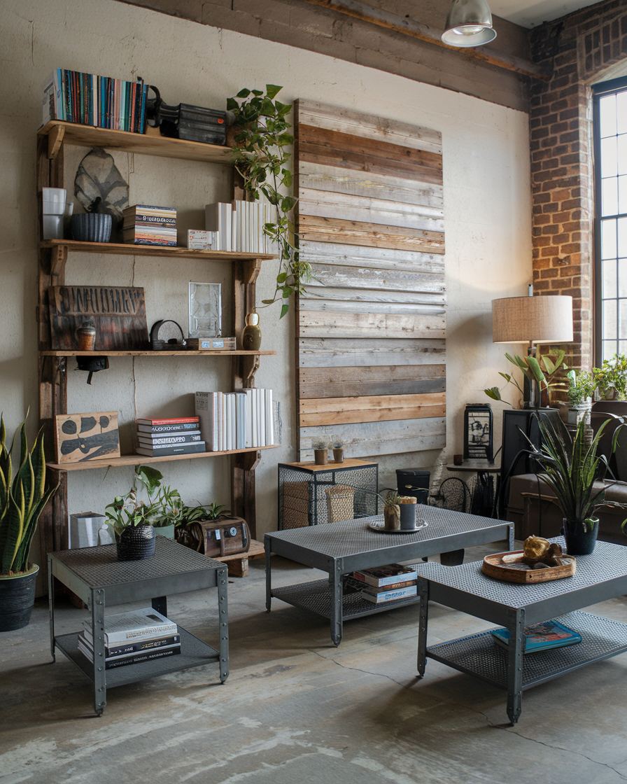 Rustic industrial-style living room with a brick wall, wooden shelves, lush plants, books, metal tables, and crafted wooden wall art. Natural light from a window bathes the space in warmth.